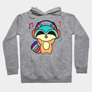 Happy smiling baby raccoon with headphones. Kawaii cartoon Hoodie